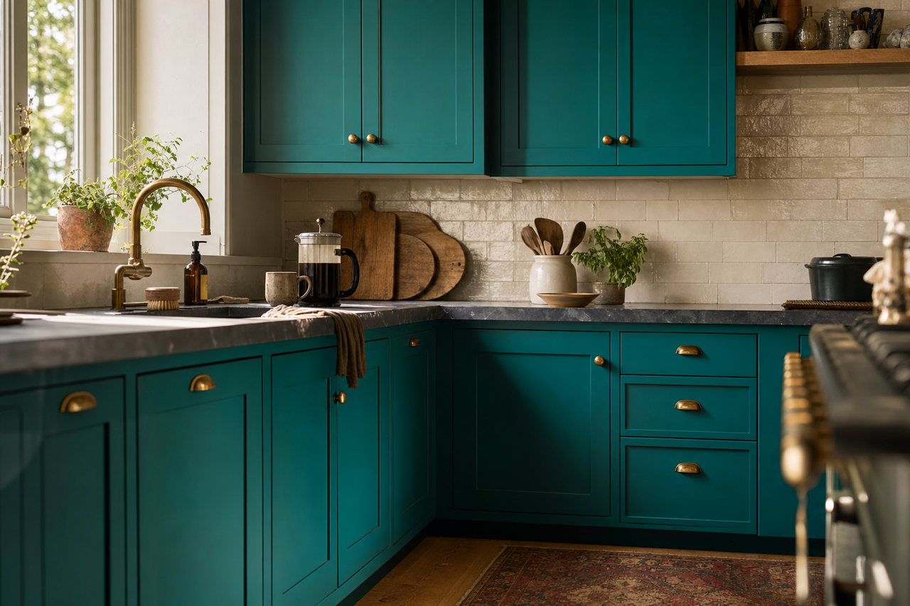 Really Teal by Sherwin-Williams on cabinets