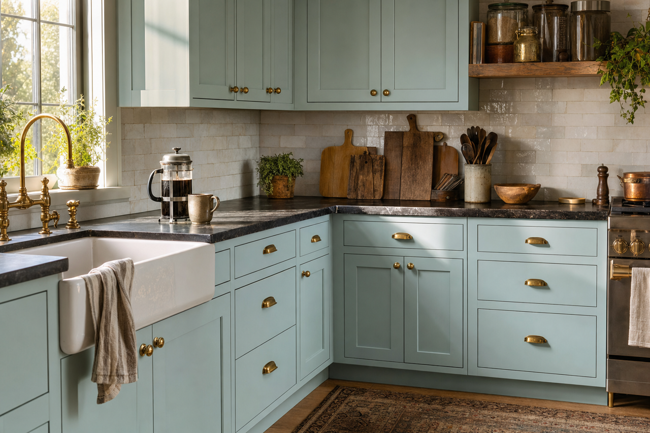 Jetstream by Sherwin-Williams on cabinets
