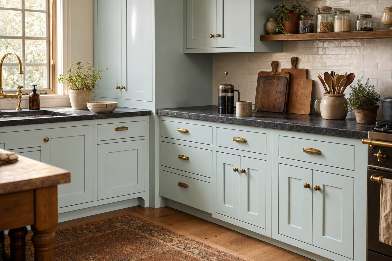 Blue Horizon by Sherwin-Williams on cabinets