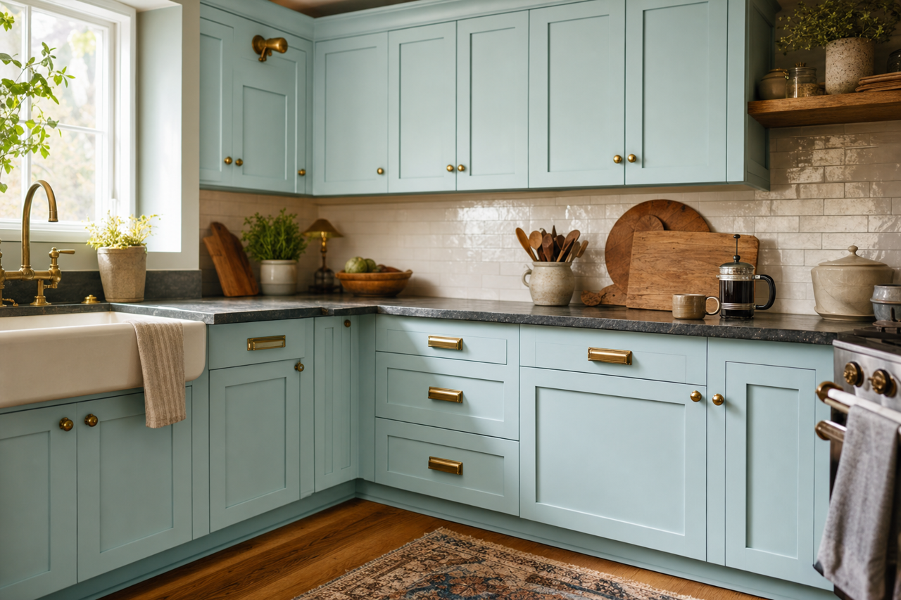 Byte Blue by Sherwin-Williams on cabinets