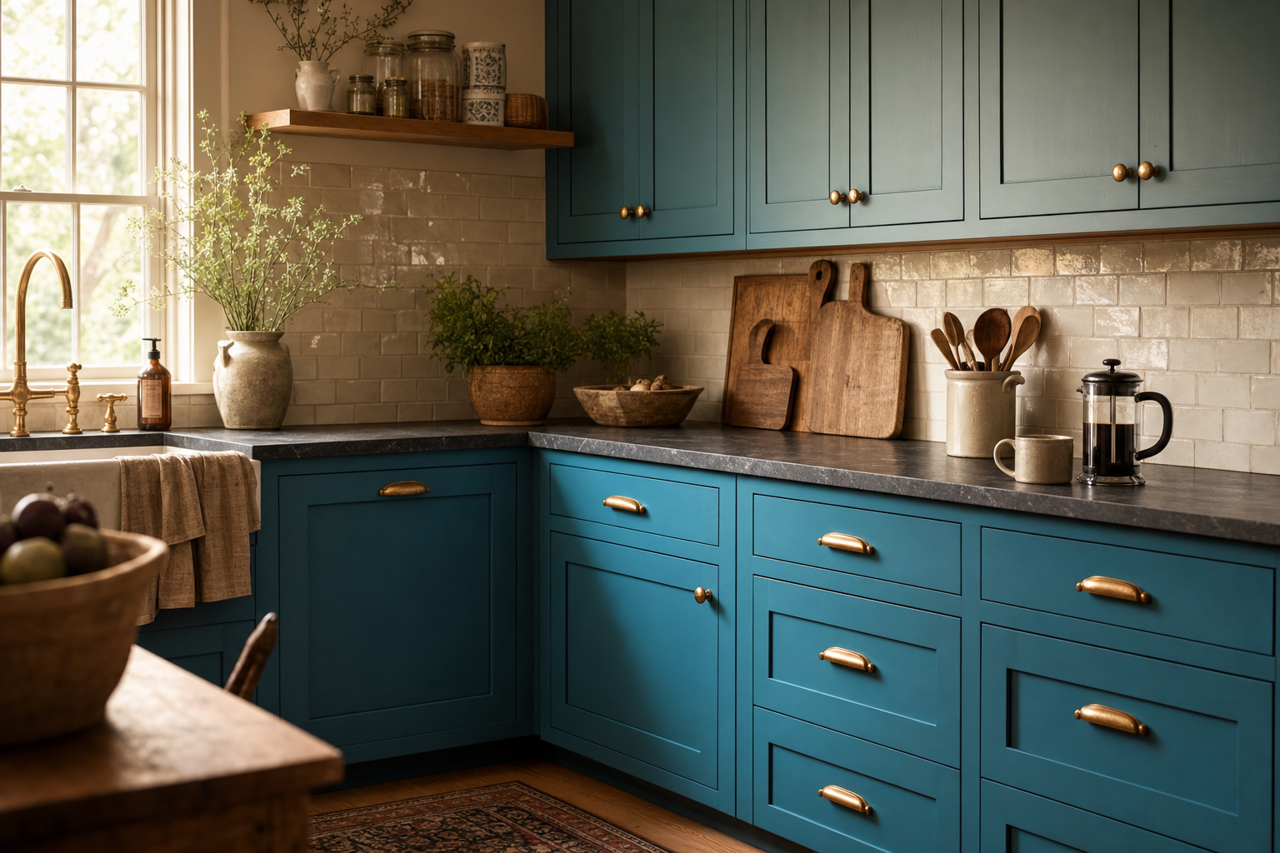 Loch Blue by Sherwin-Williams on cabinets