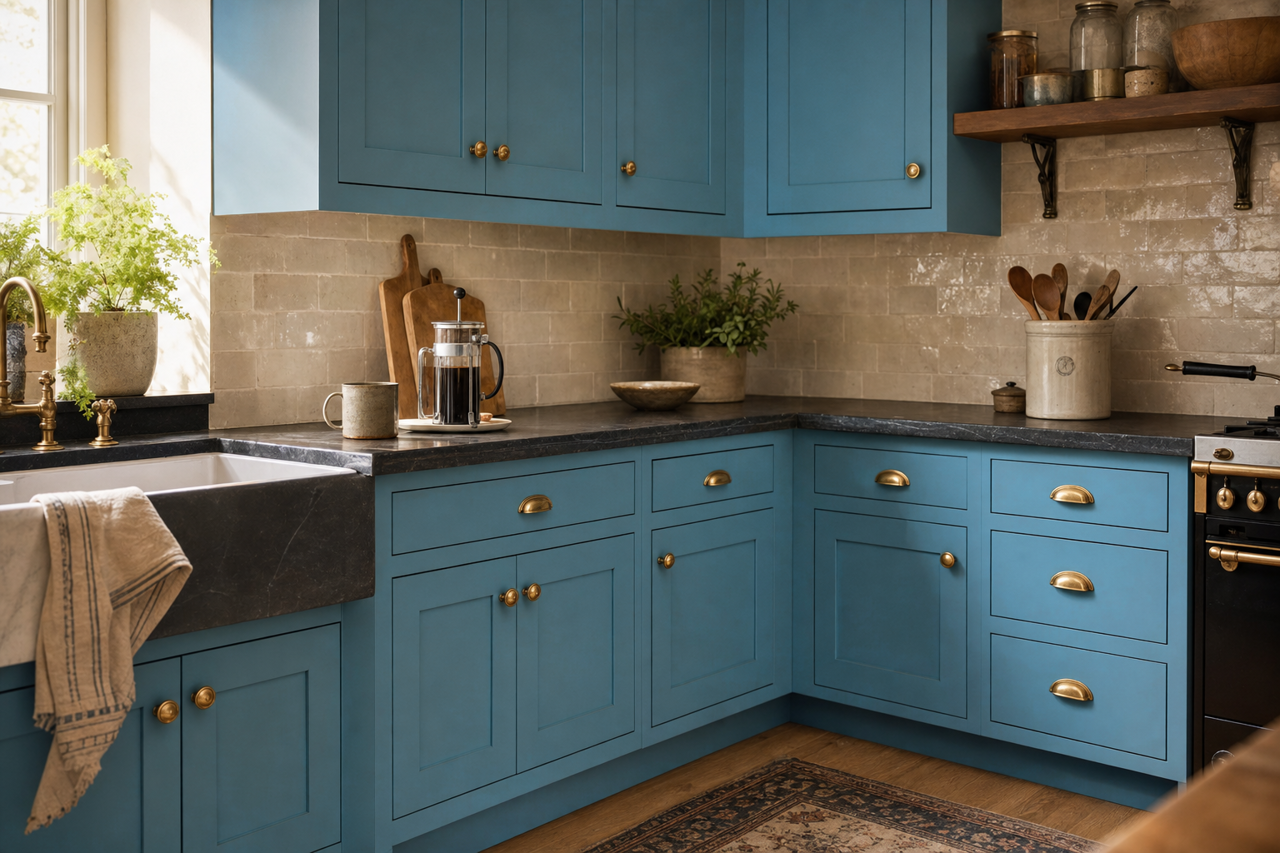 Secure Blue by Sherwin-Williams on cabinets