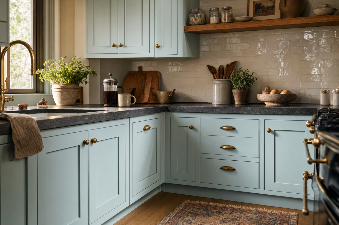 Balmy by Sherwin-Williams on cabinets