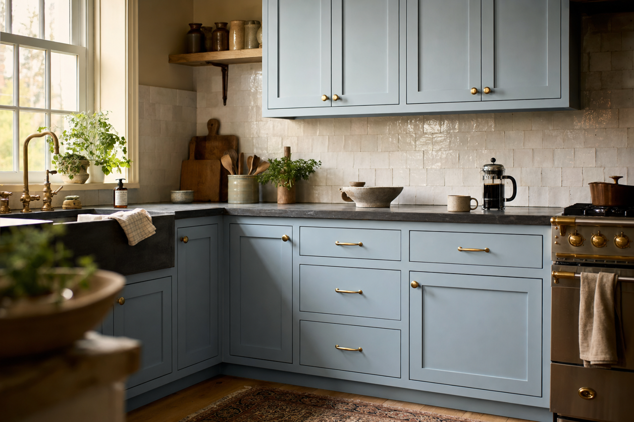 Respite by Sherwin-Williams on cabinets