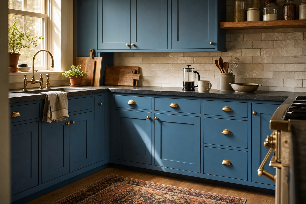Down Pour by Sherwin-Williams on cabinets