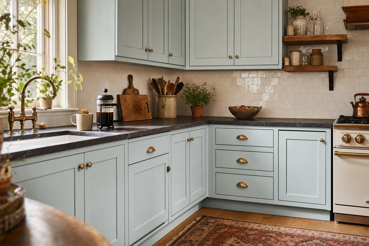 Hinting Blue by Sherwin-Williams on cabinets