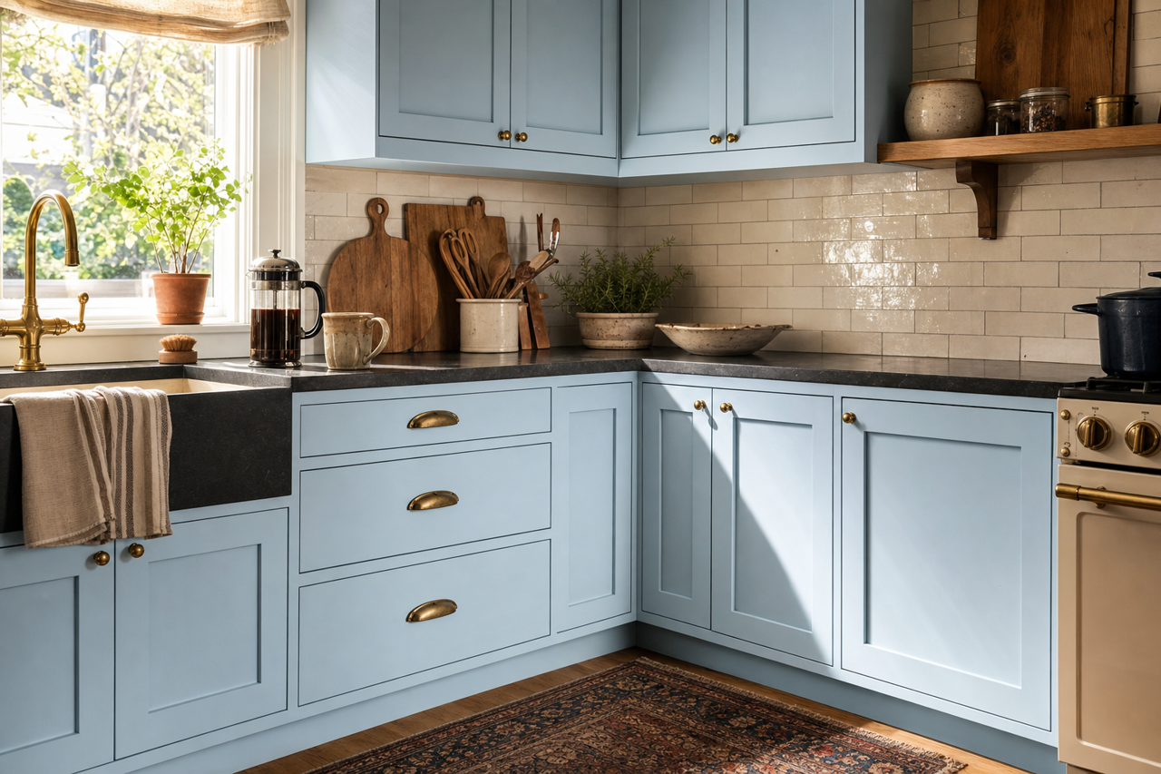 Blissful Blue by Sherwin-Williams on cabinets