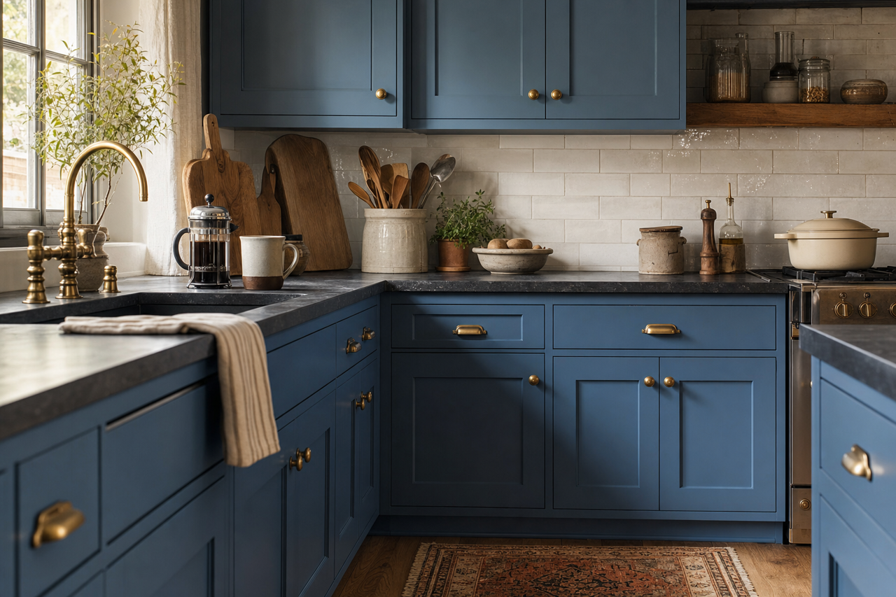 Revel Blue by Sherwin-Williams on cabinets