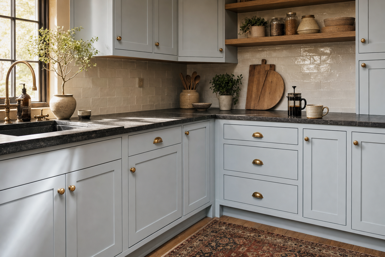 Mild Blue by Sherwin-Williams on cabinets
