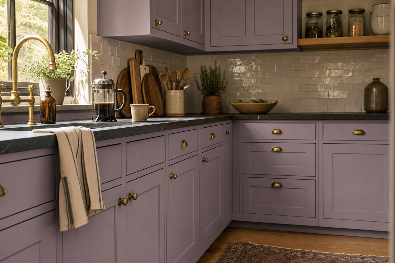 Obi Lilac by Sherwin-Williams on cabinets
