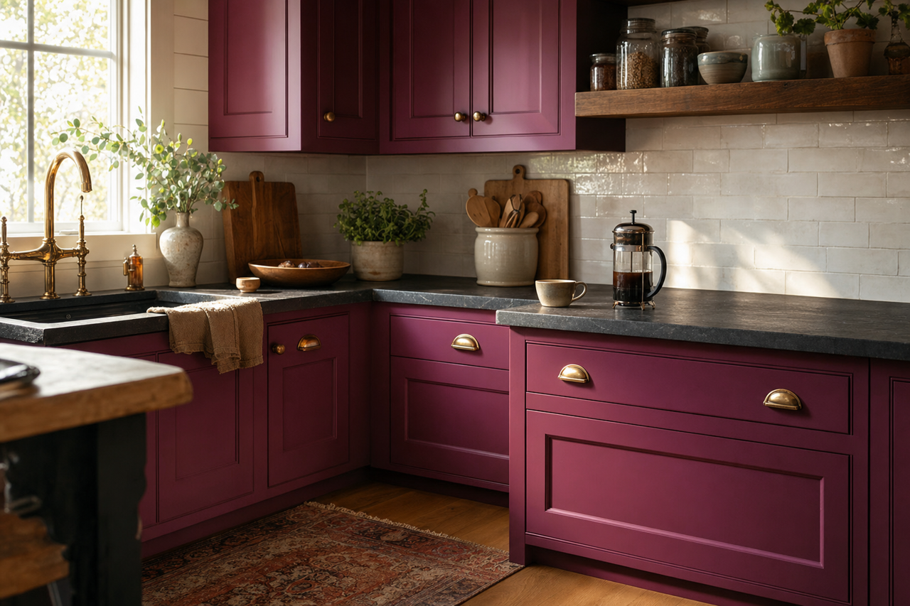 Framboise by Sherwin-Williams on cabinets
