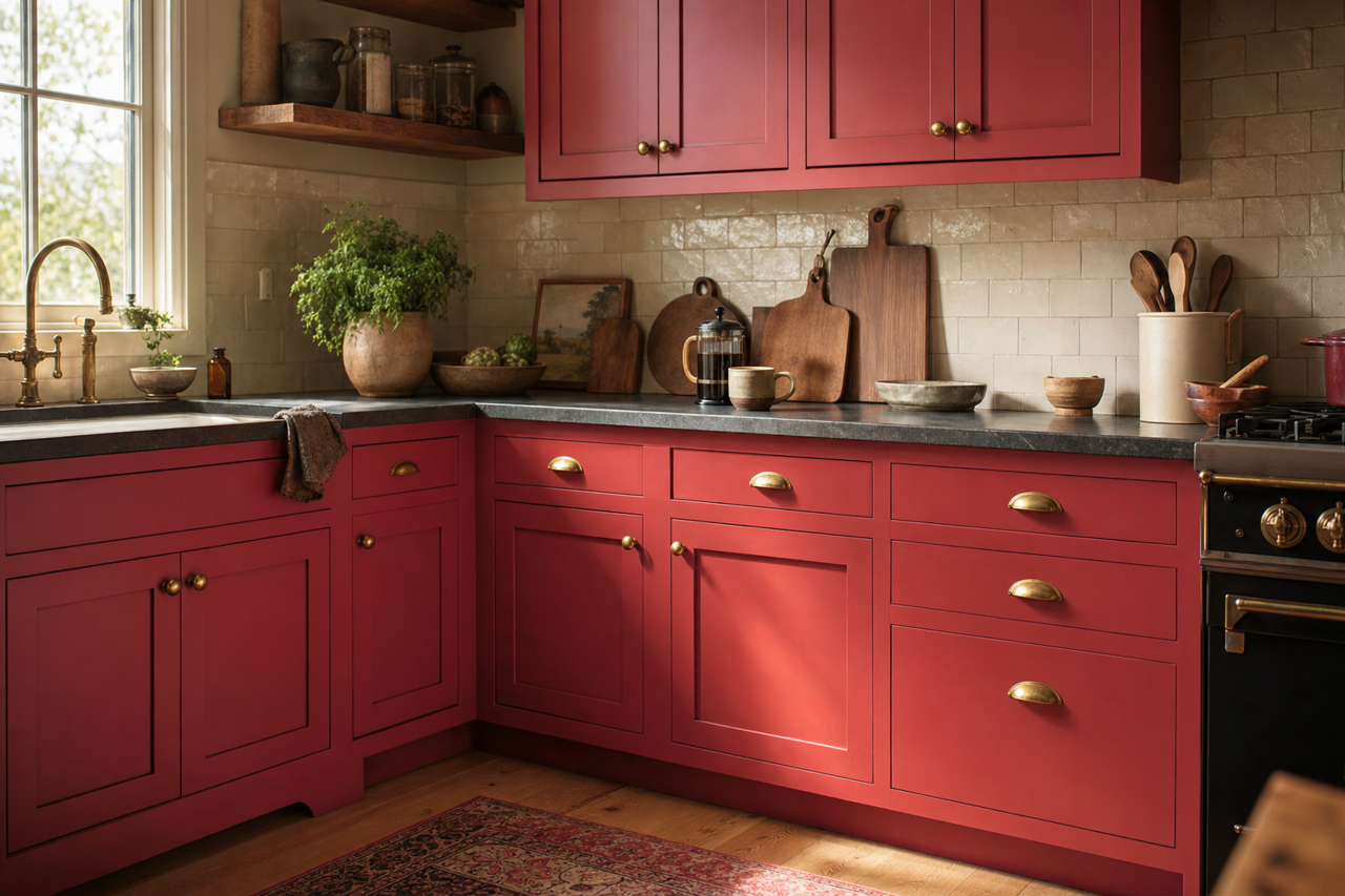 Poinsettia by Sherwin-Williams on cabinets