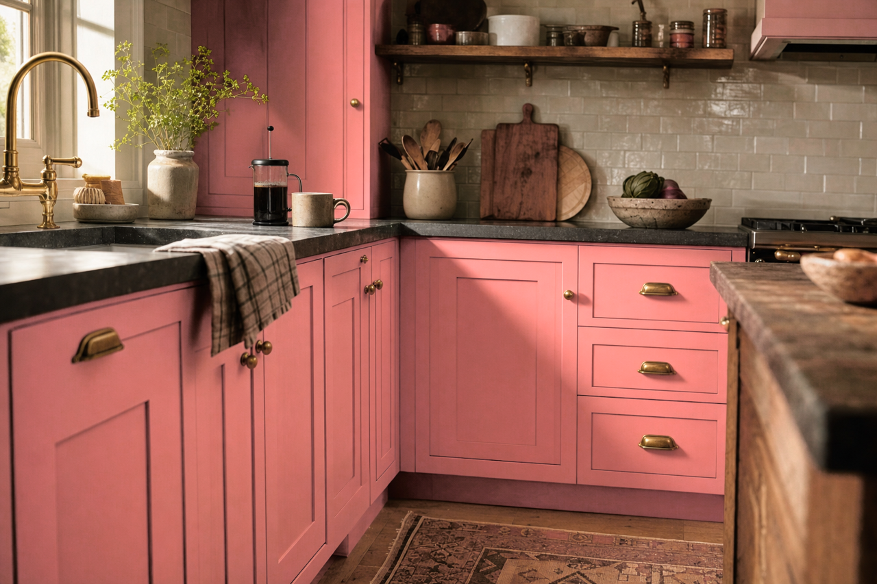 Dishy Coral by Sherwin-Williams on cabinets