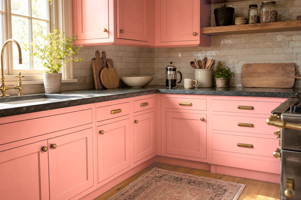 Youthful Coral by Sherwin-Williams on cabinets