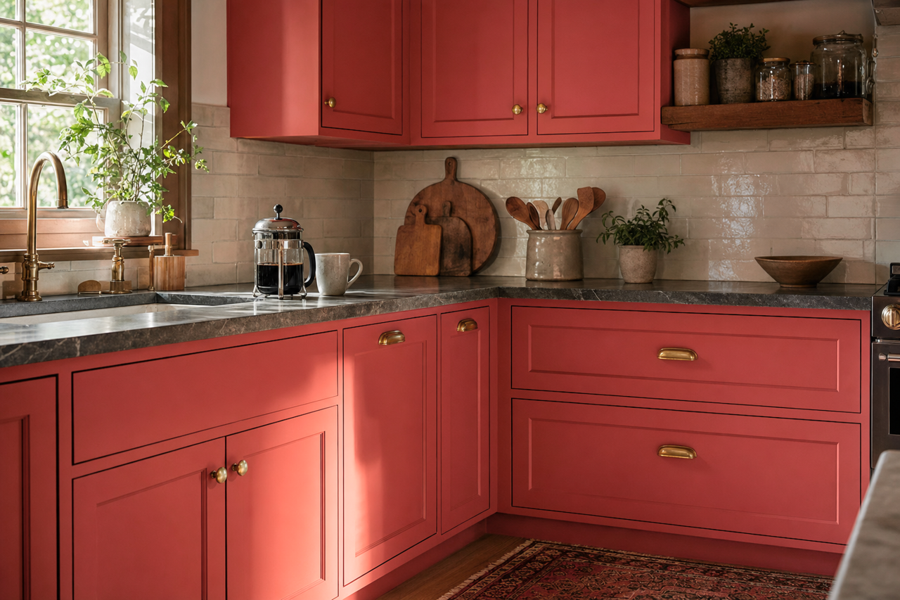 Red Tomato by Sherwin-Williams on cabinets