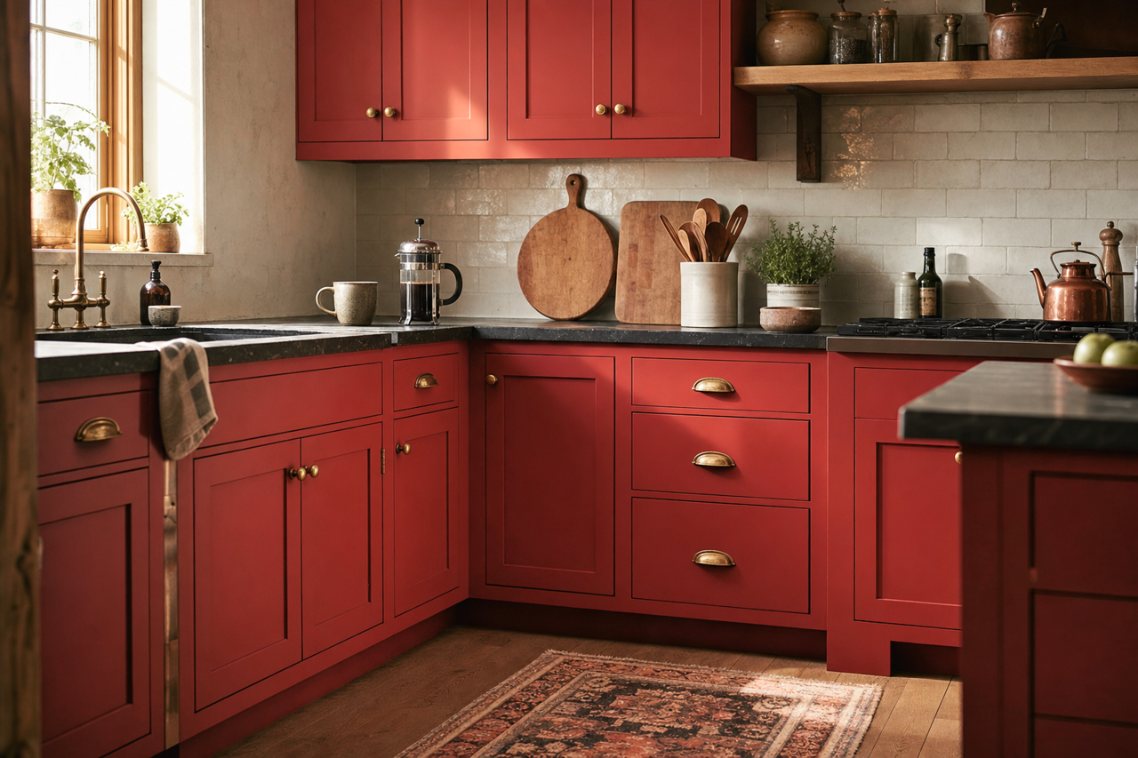 Rave Red by Sherwin-Williams on cabinets