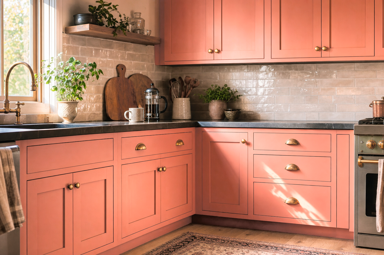 Ravishing Coral by Sherwin-Williams on cabinets