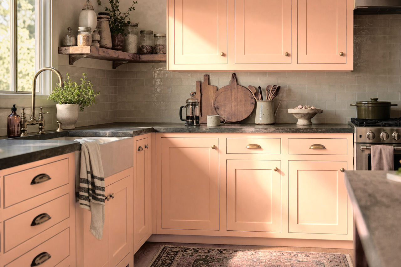 Cosmetic Peach by Sherwin-Williams on cabinets