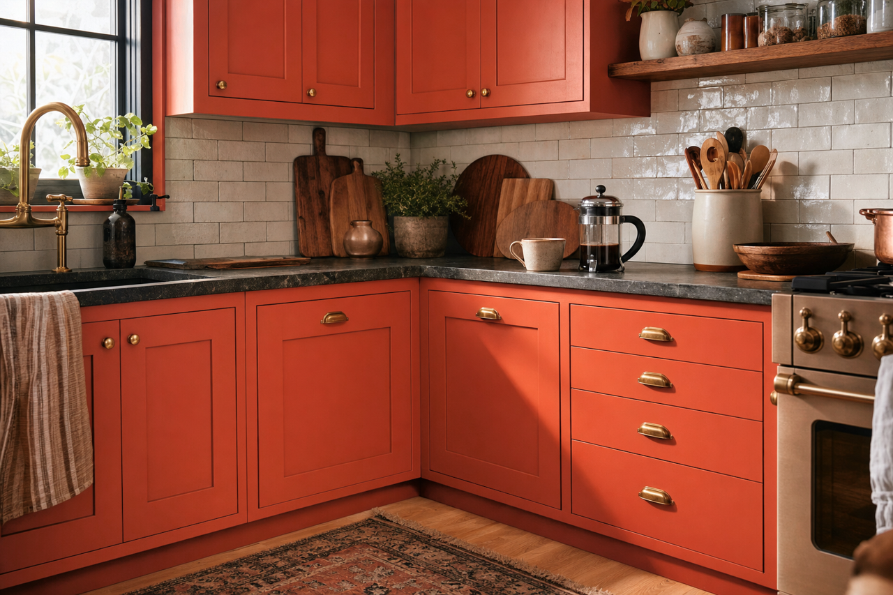 Hearty Orange by Sherwin-Williams on cabinets