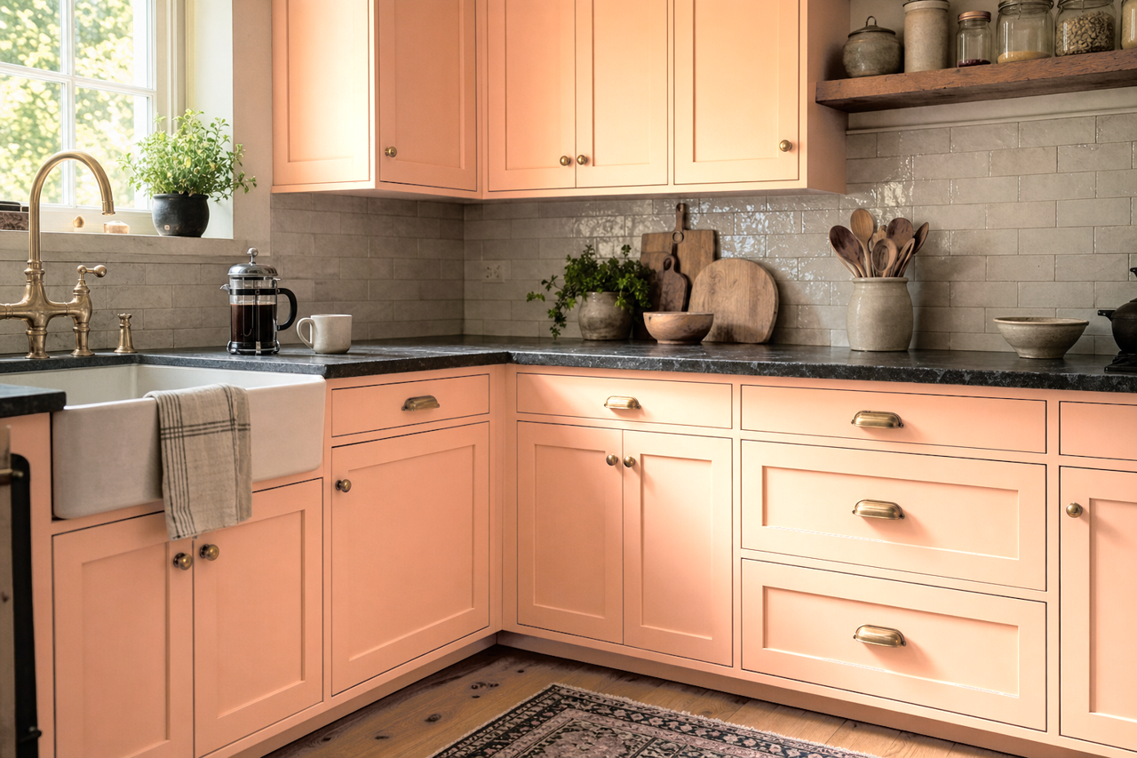 Certain Peach by Sherwin-Williams on cabinets