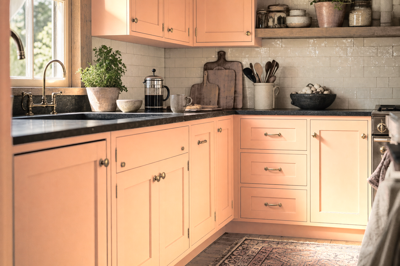 Neighborly Peach by Sherwin-Williams on cabinets