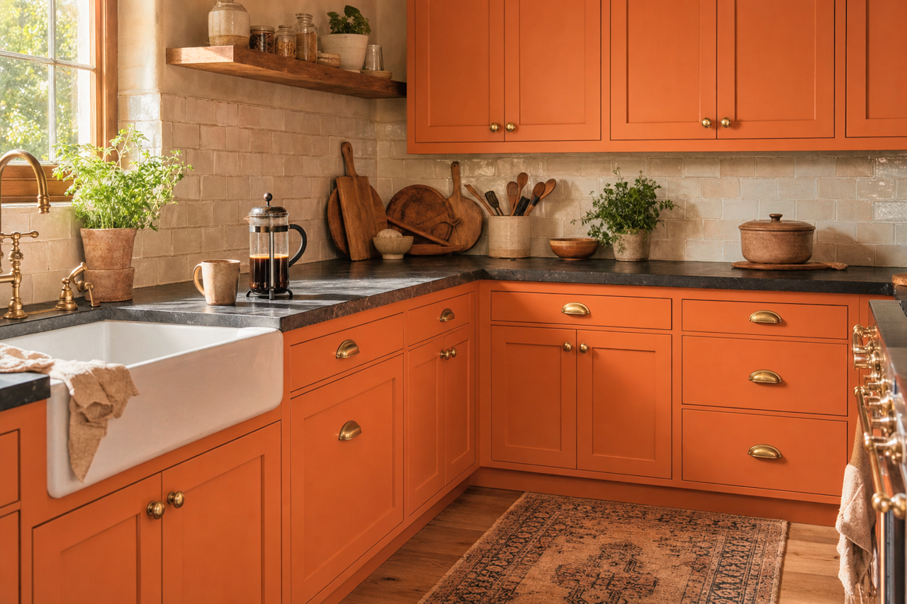Determined Orange by Sherwin-Williams on cabinets