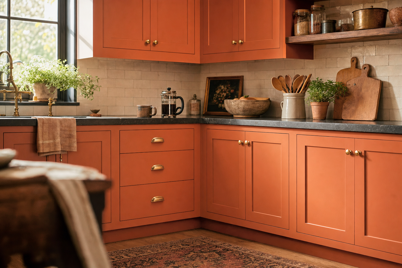 Husky Orange by Sherwin-Williams on cabinets