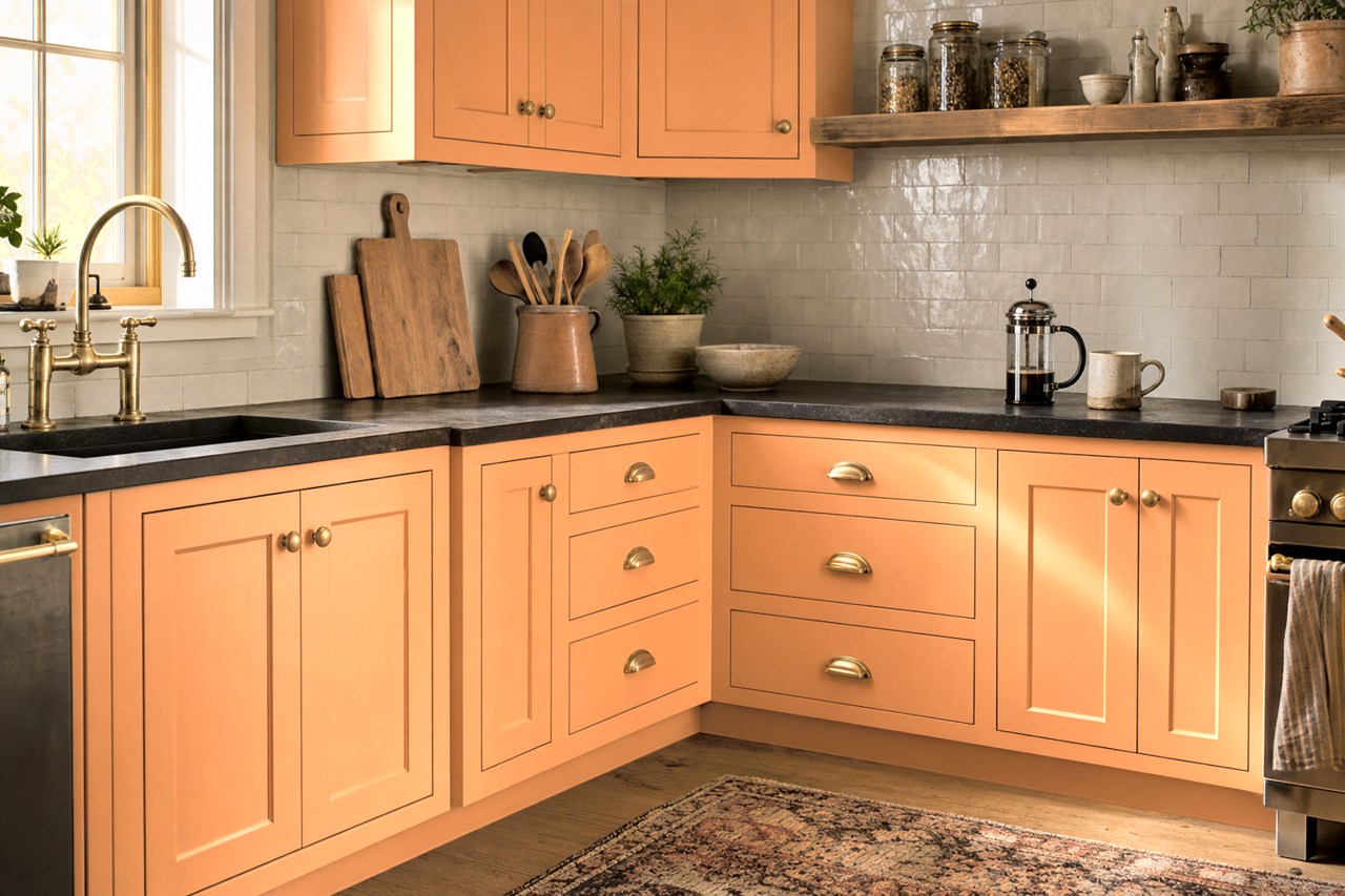 Tangerine by Sherwin-Williams on cabinets
