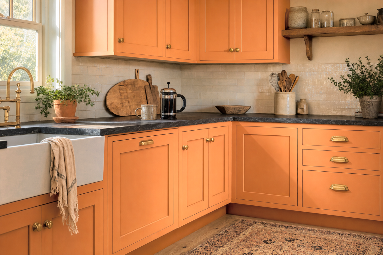 Outgoing Orange by Sherwin-Williams on cabinets