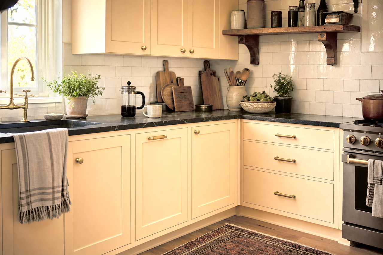Flan by Sherwin-Williams on cabinets