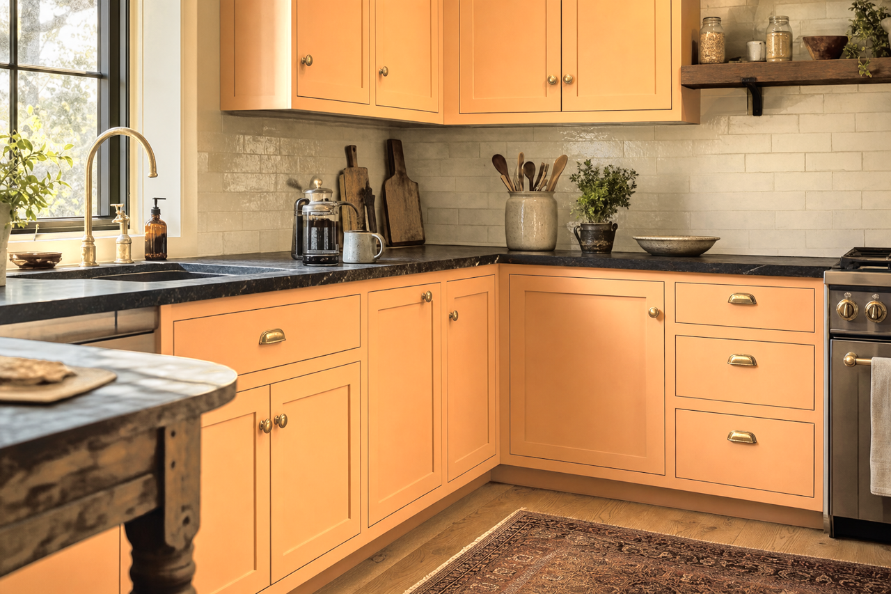Surprise Amber by Sherwin-Williams on cabinets