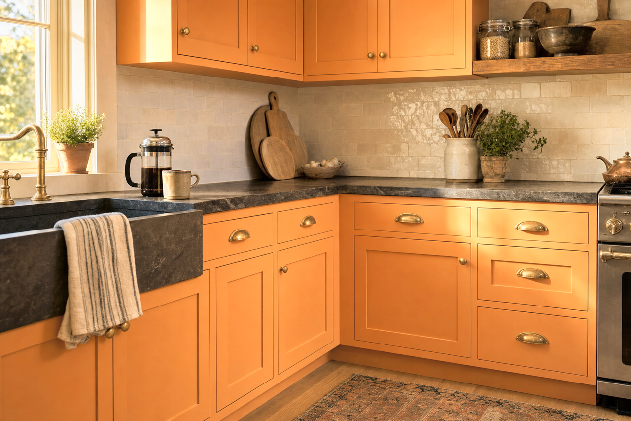 Adventure Orange by Sherwin-Williams on cabinets