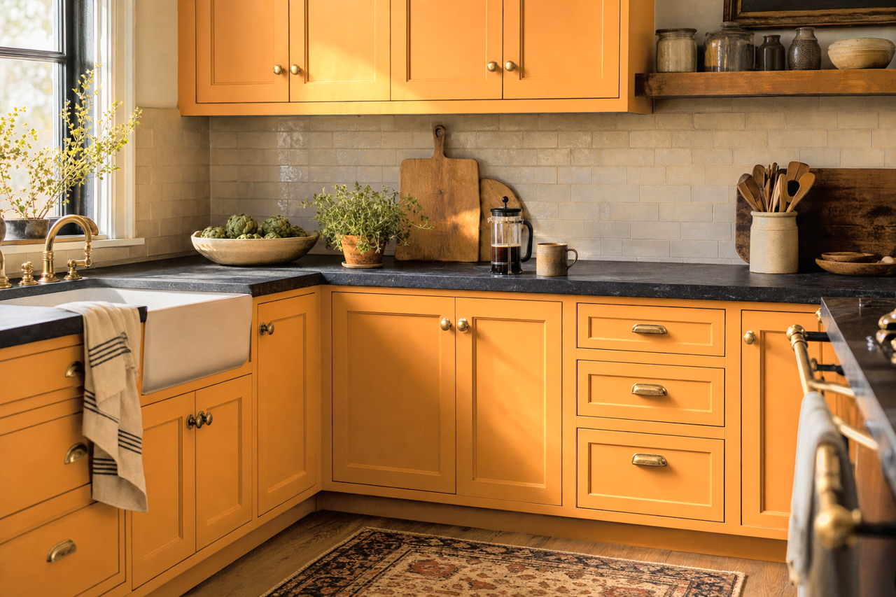 Saffron Thread by Sherwin-Williams on cabinets