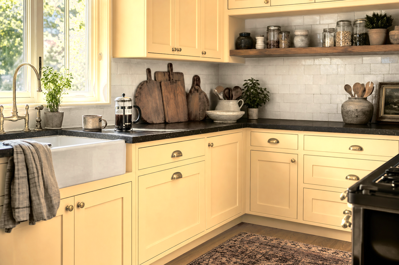 Enjoyable Yellow by Sherwin-Williams on cabinets
