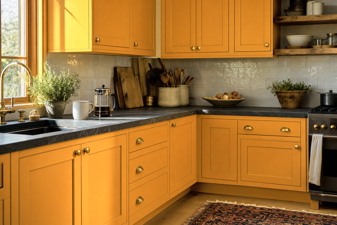 Gold Crest by Sherwin-Williams on cabinets