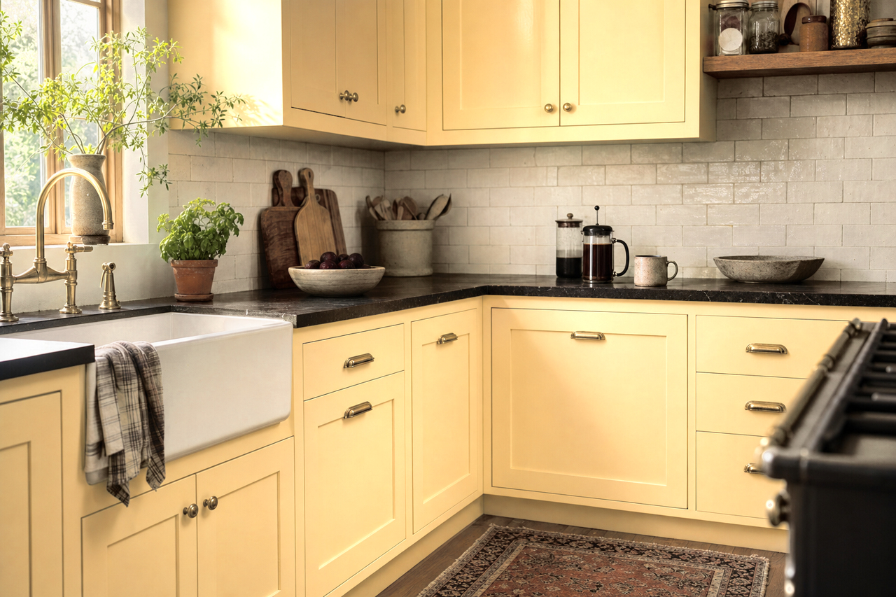 Banana Cream by Sherwin-Williams on cabinets
