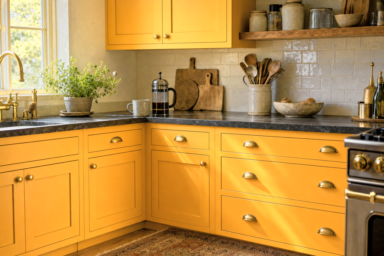 Goldenrod by Sherwin-Williams on cabinets