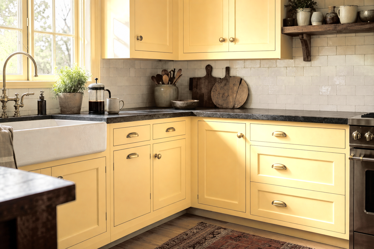 Friendly Yellow by Sherwin-Williams on cabinets