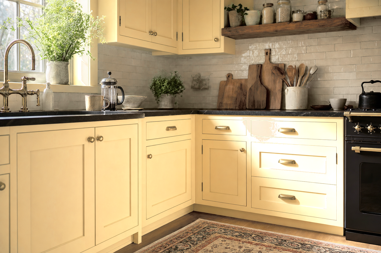 Lemon Chiffon by Sherwin-Williams on cabinets