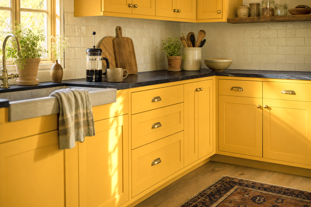 Gambol Gold by Sherwin-Williams on cabinets