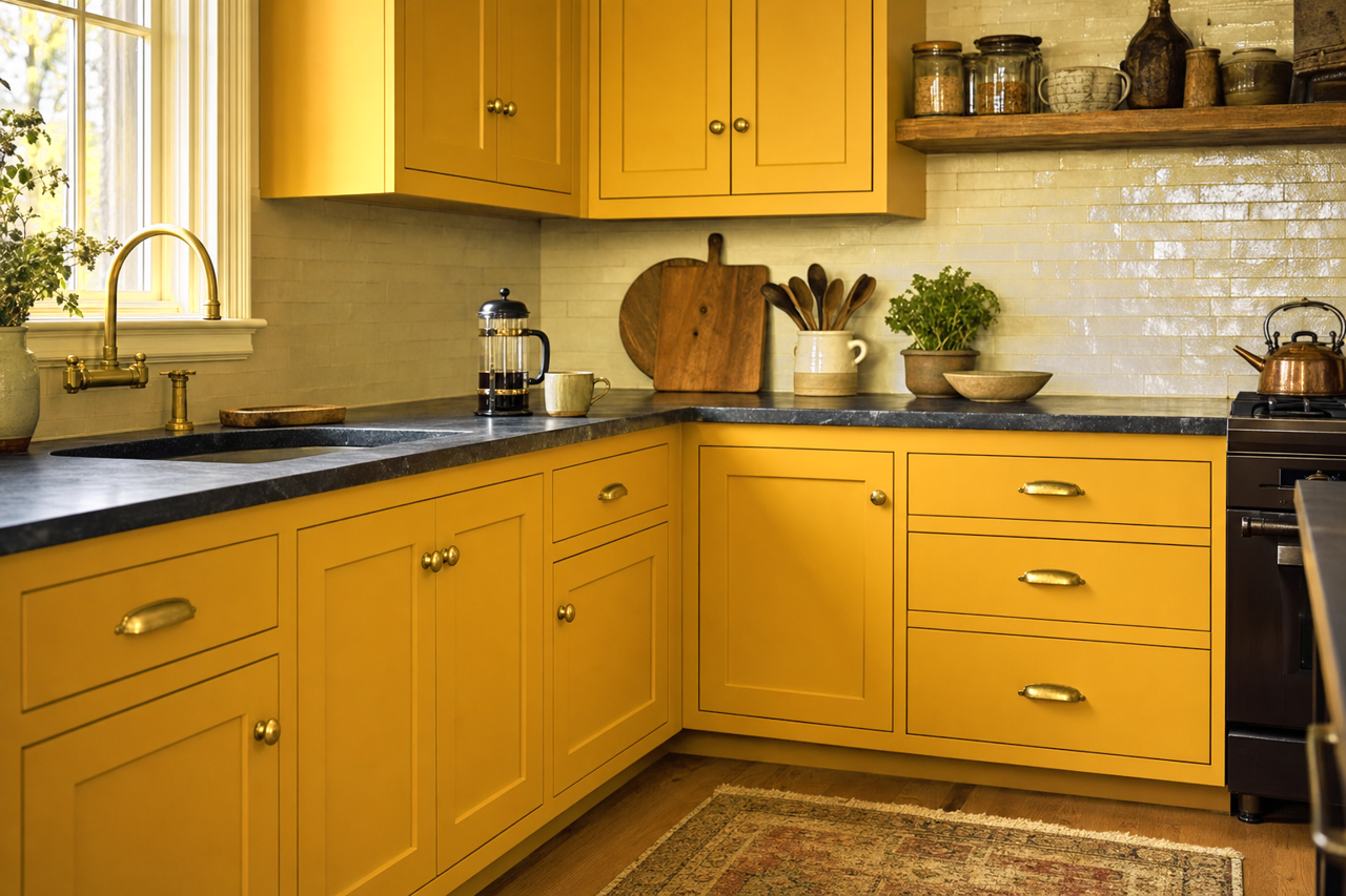 Glitzy Gold by Sherwin-Williams on cabinets
