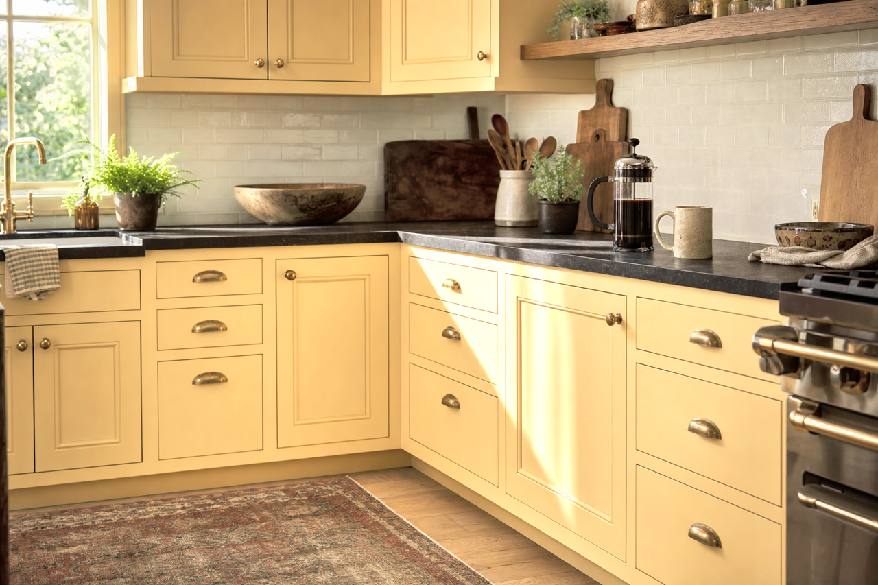 Glad Yellow by Sherwin-Williams on cabinets