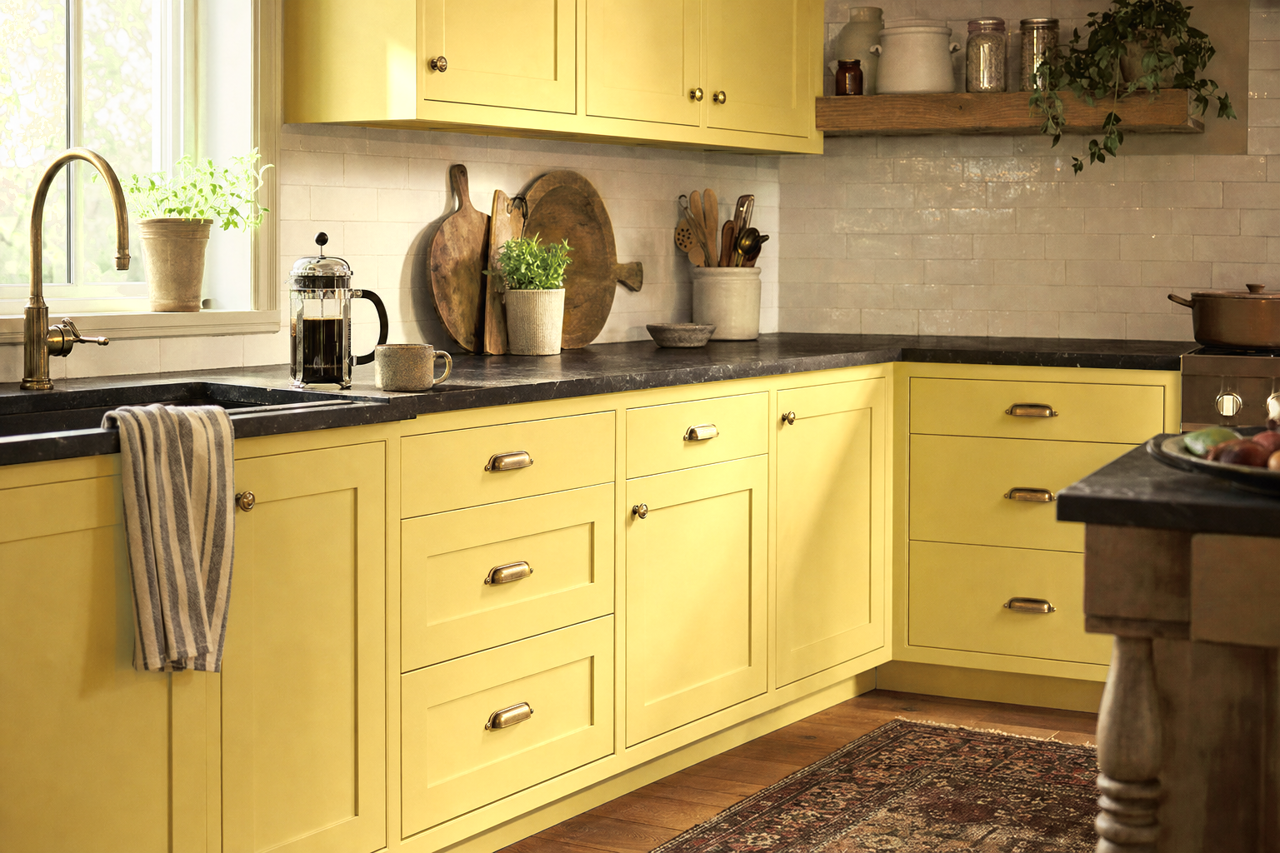 Lively Yellow by Sherwin-Williams on cabinets