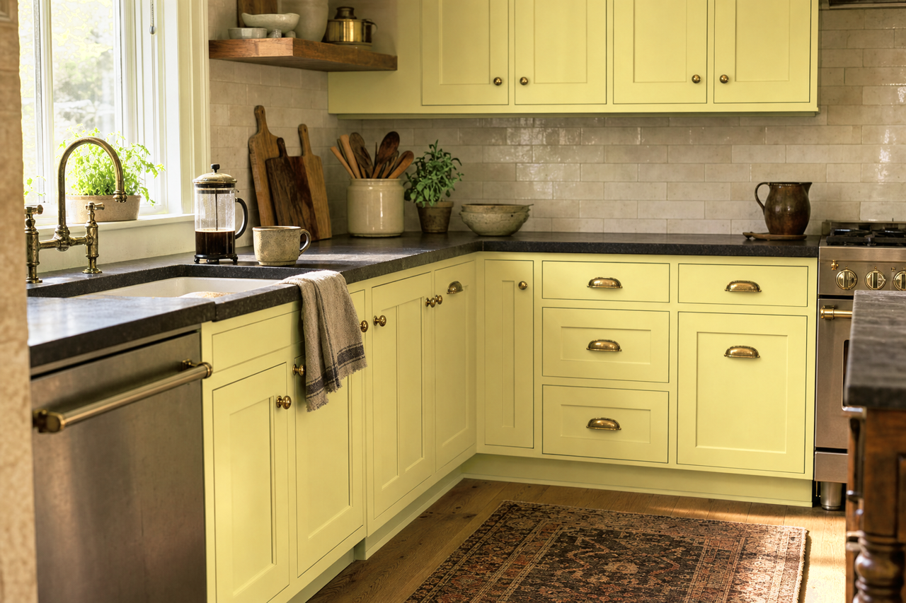 Gleeful by Sherwin-Williams on cabinets