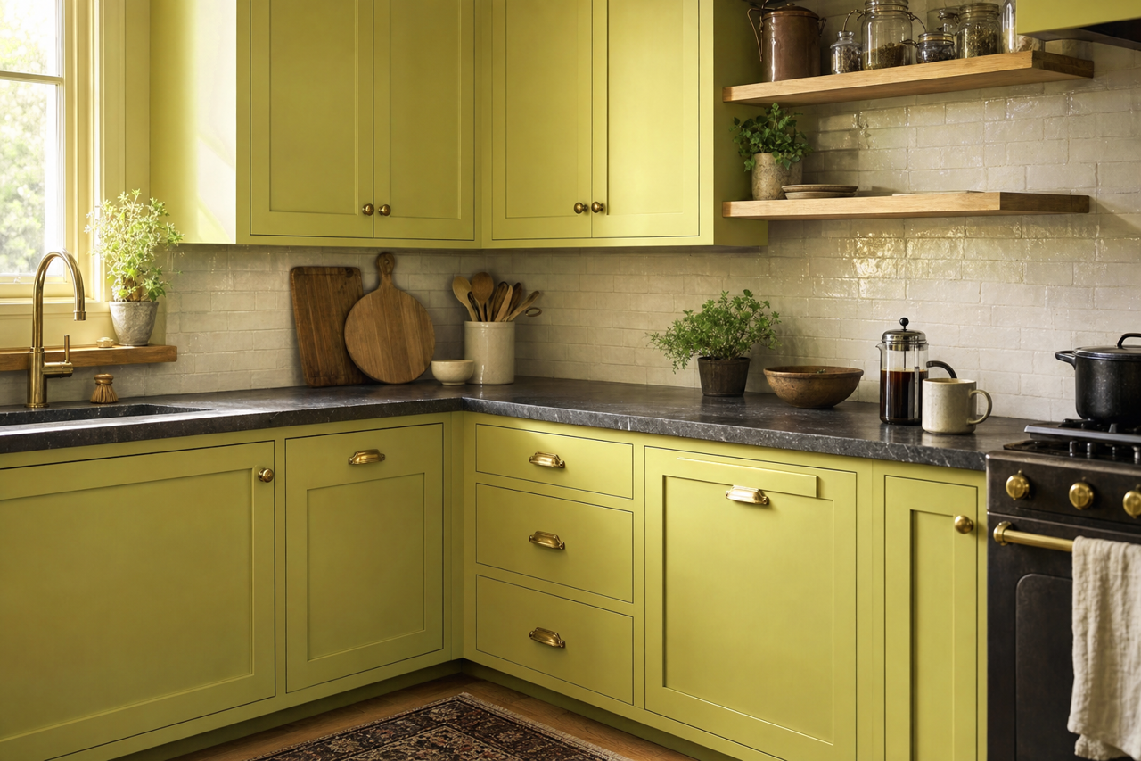 Parakeet by Sherwin-Williams on cabinets