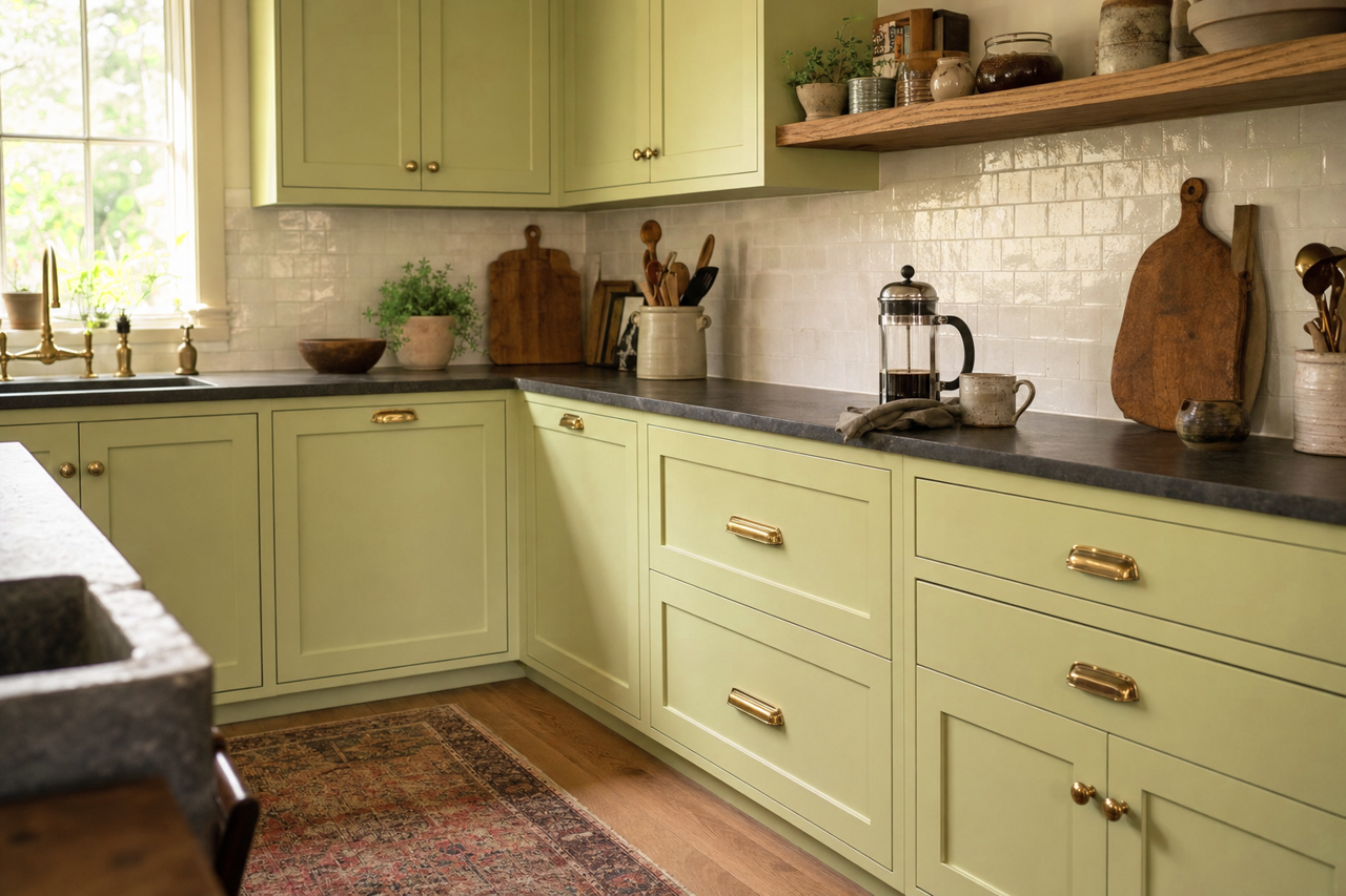 Dancing Green by Sherwin-Williams on cabinets