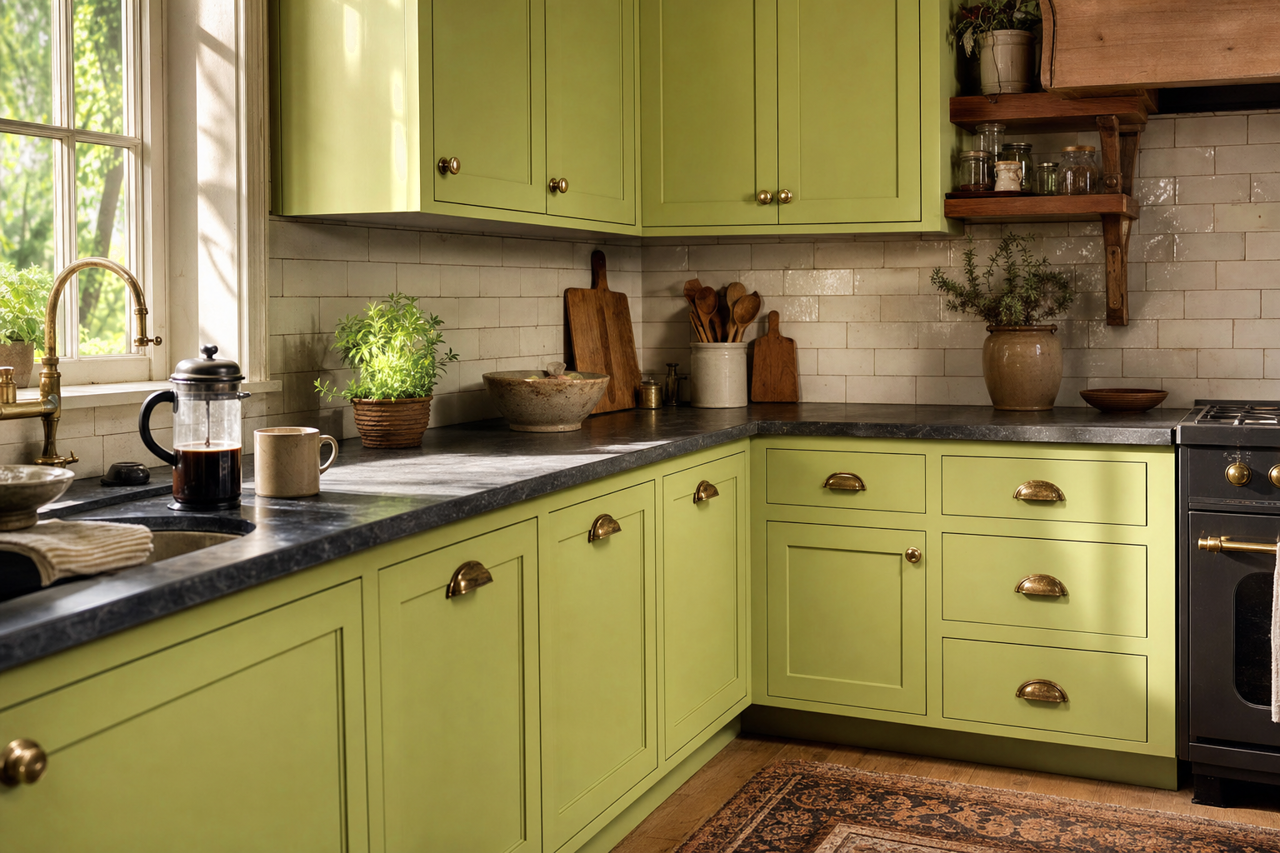 Lime Rickey by Sherwin-Williams on cabinets
