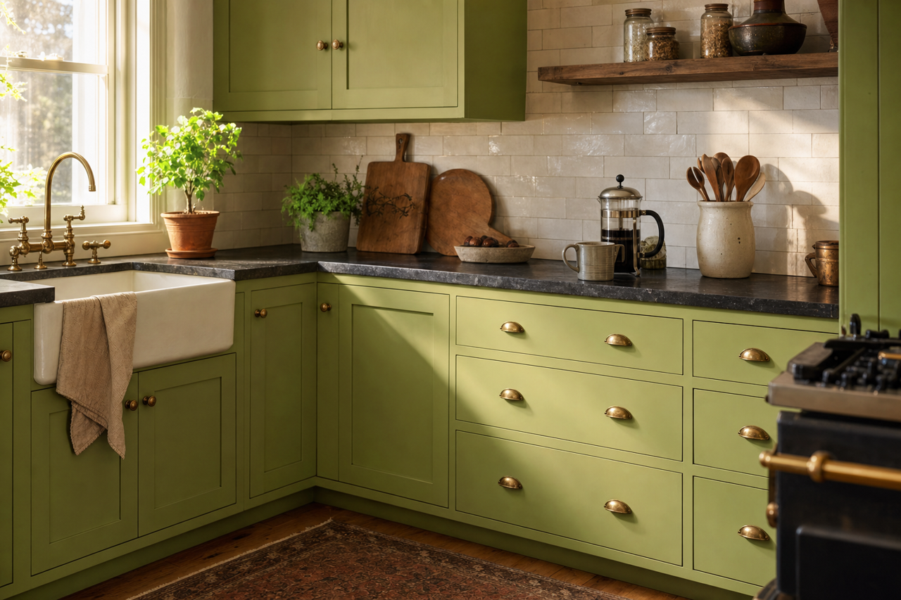 Overt Green by Sherwin-Williams on cabinets