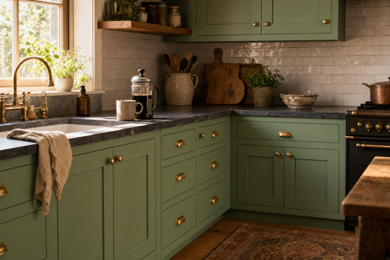 Organic Green by Sherwin-Williams on cabinets