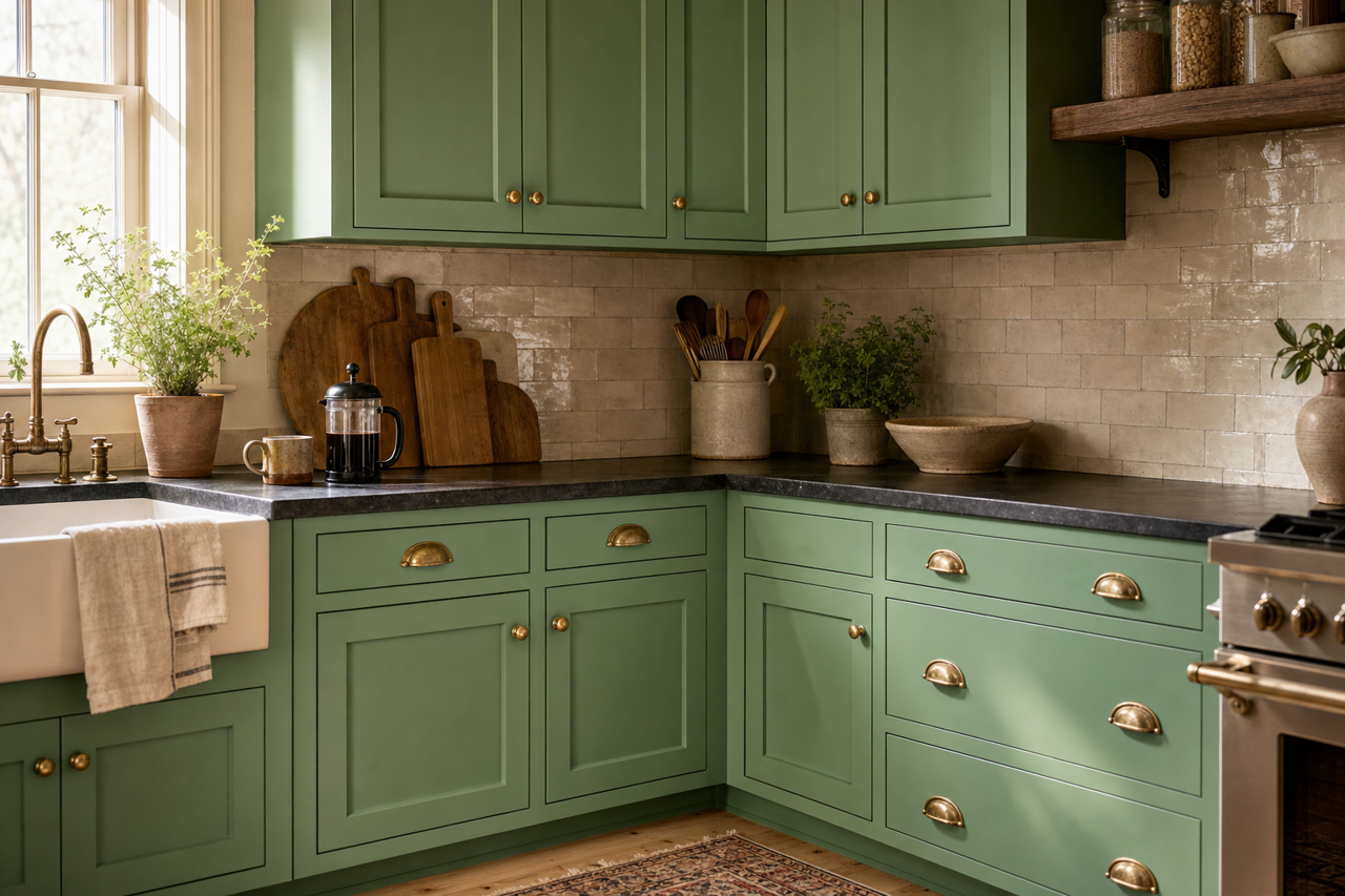 Eco Green by Sherwin-Williams on cabinets